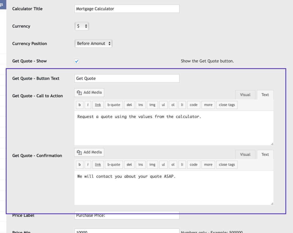 WPrequal Get Quote Settings